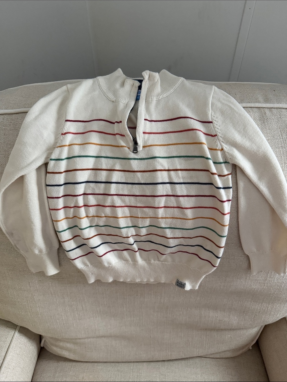 Boys Cream Quarter-Zip Sweater with Multi-Color/Rainbow Stripes